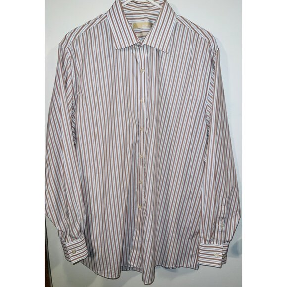 Michael Kors Mens Non-Iron Button-Down Dress Shirt Size Large  Tan/White Stripes - Picture 1 of 3